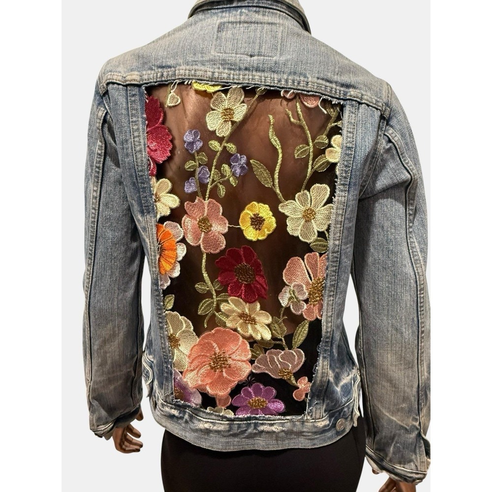 Vintage Floral Embroidered Mesh Patchwork Hippie Eclectic Denim Jacket Boho/2 - Picture 5 of 10